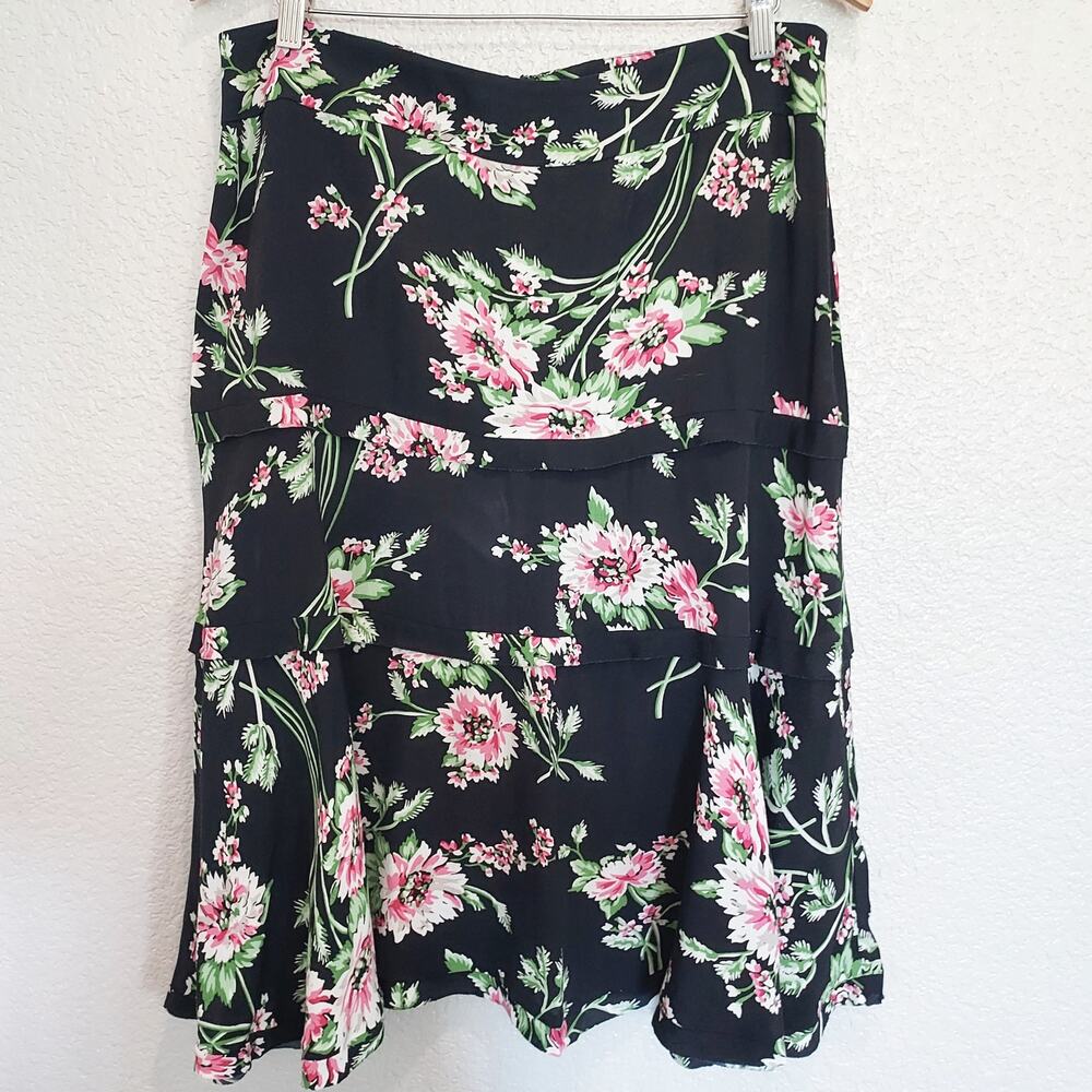 CAbi Black Tiered Ruffle Skirt Pink Flowers Size 12